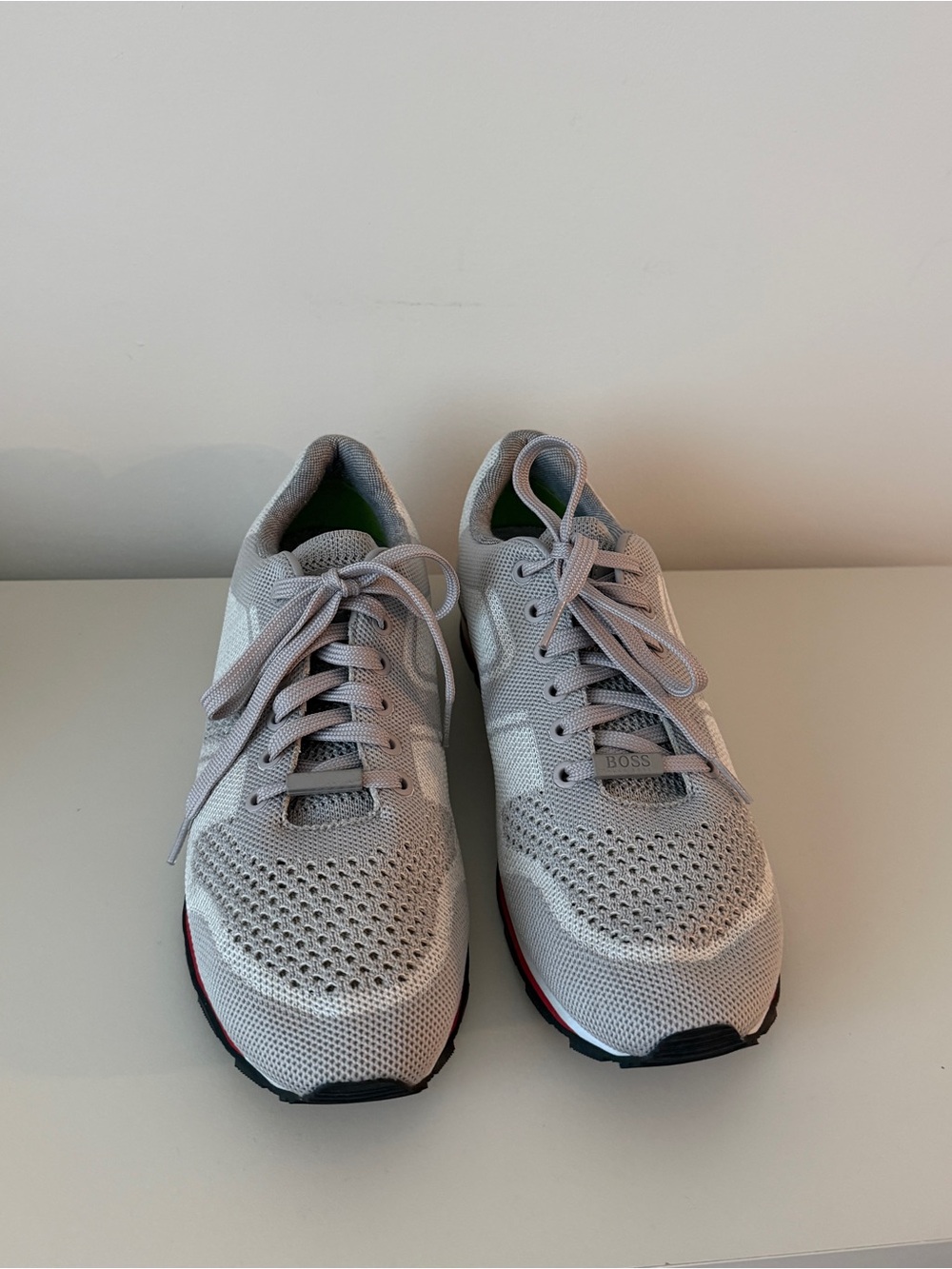 BOSS Men’s Light Gray Knit Sneakers with Subtle Red Accent